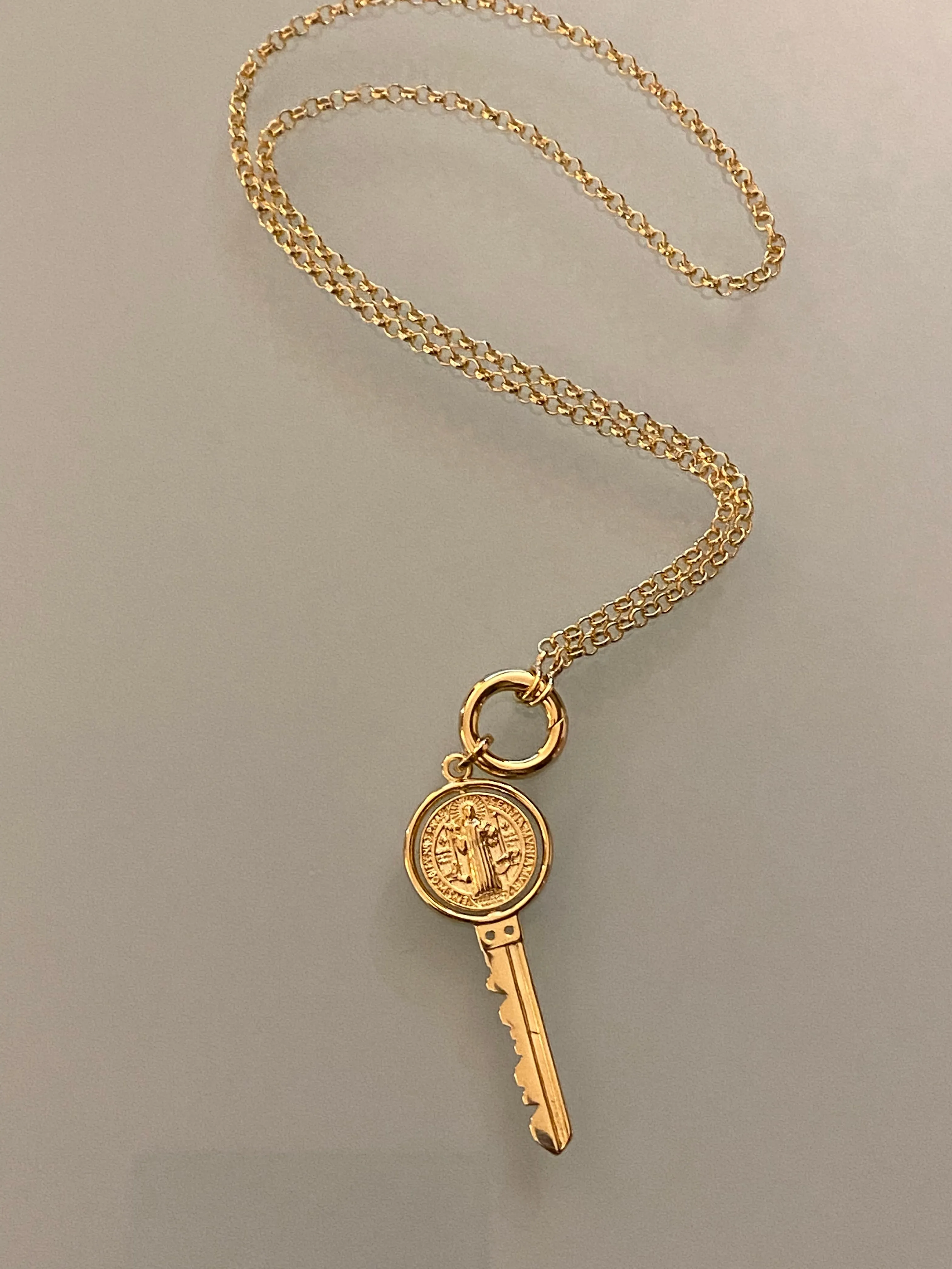 18k Gold Filled Key Pendant Featuring Swivel Medal Of St. Benedict