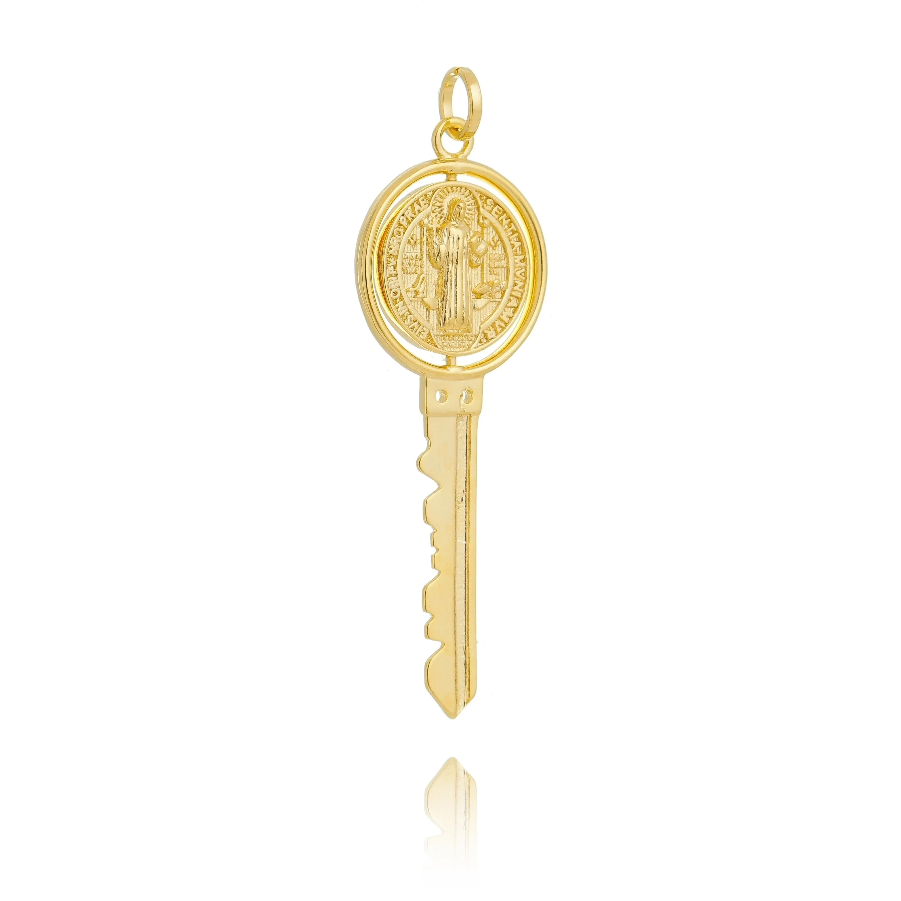 18k Gold Filled Key Pendant Featuring Swivel Medal Of St. Benedict