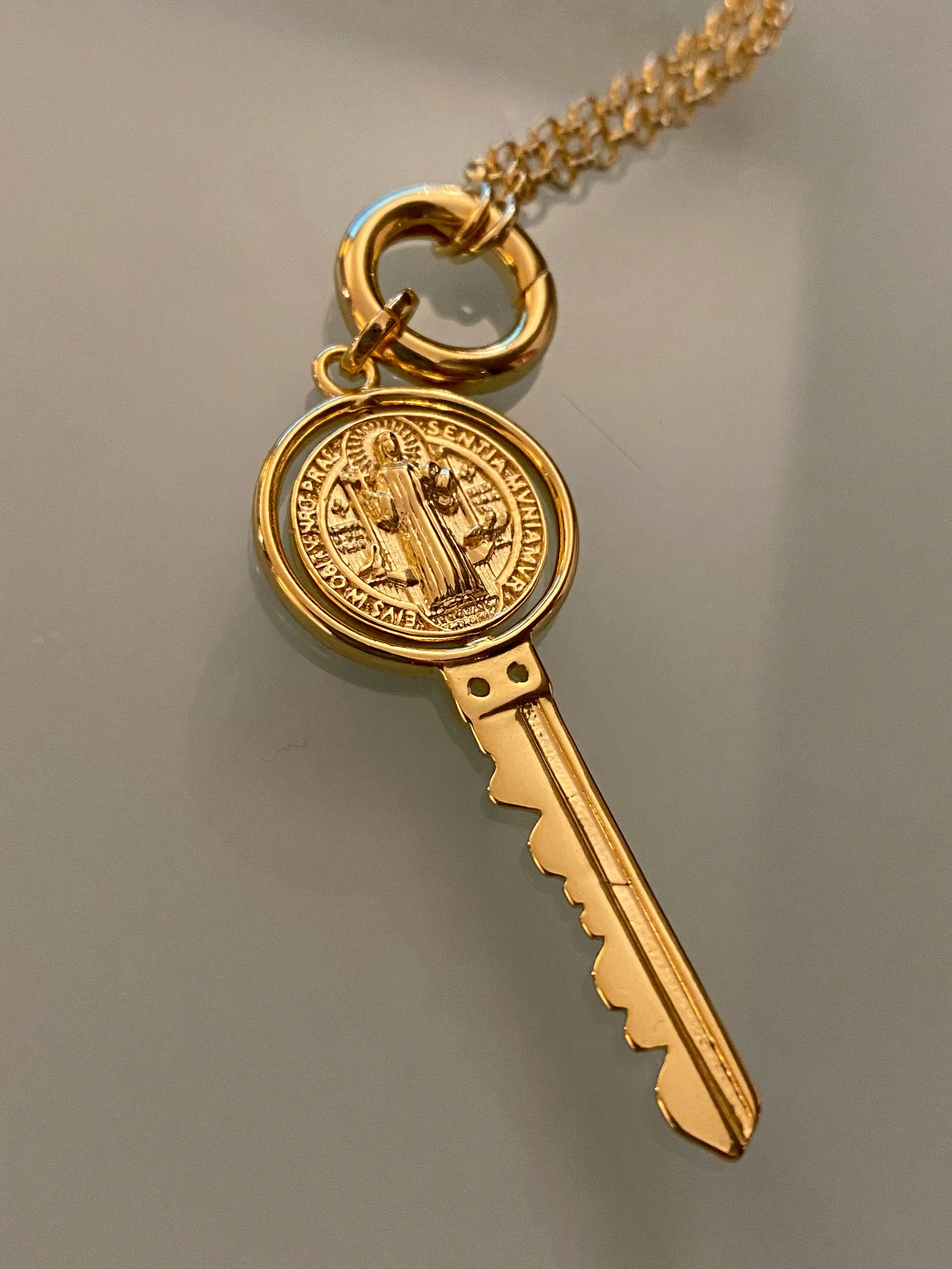 18k Gold Filled Key Pendant Featuring Swivel Medal Of St. Benedict