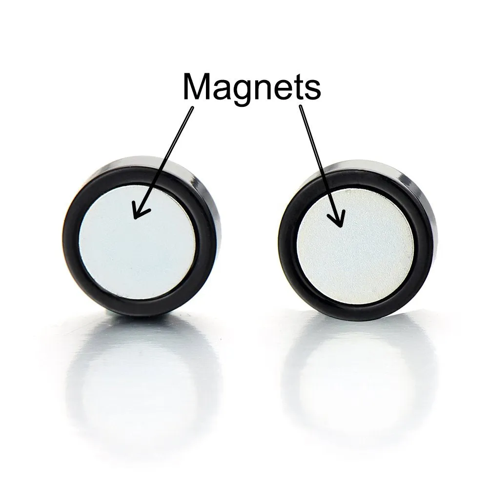 2pcs 10MM Magnetic Black Circle Stud Earrings for Men Women, Non-Piercing Clip On Steel Fake Ear Plugs