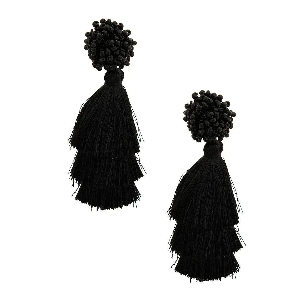 Black Cluster Beaded Stud Tiered Tassel Earrings
