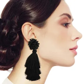 Black Cluster Beaded Stud Tiered Tassel Earrings