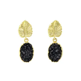 Black Druzy And Gold Leaf Earrings