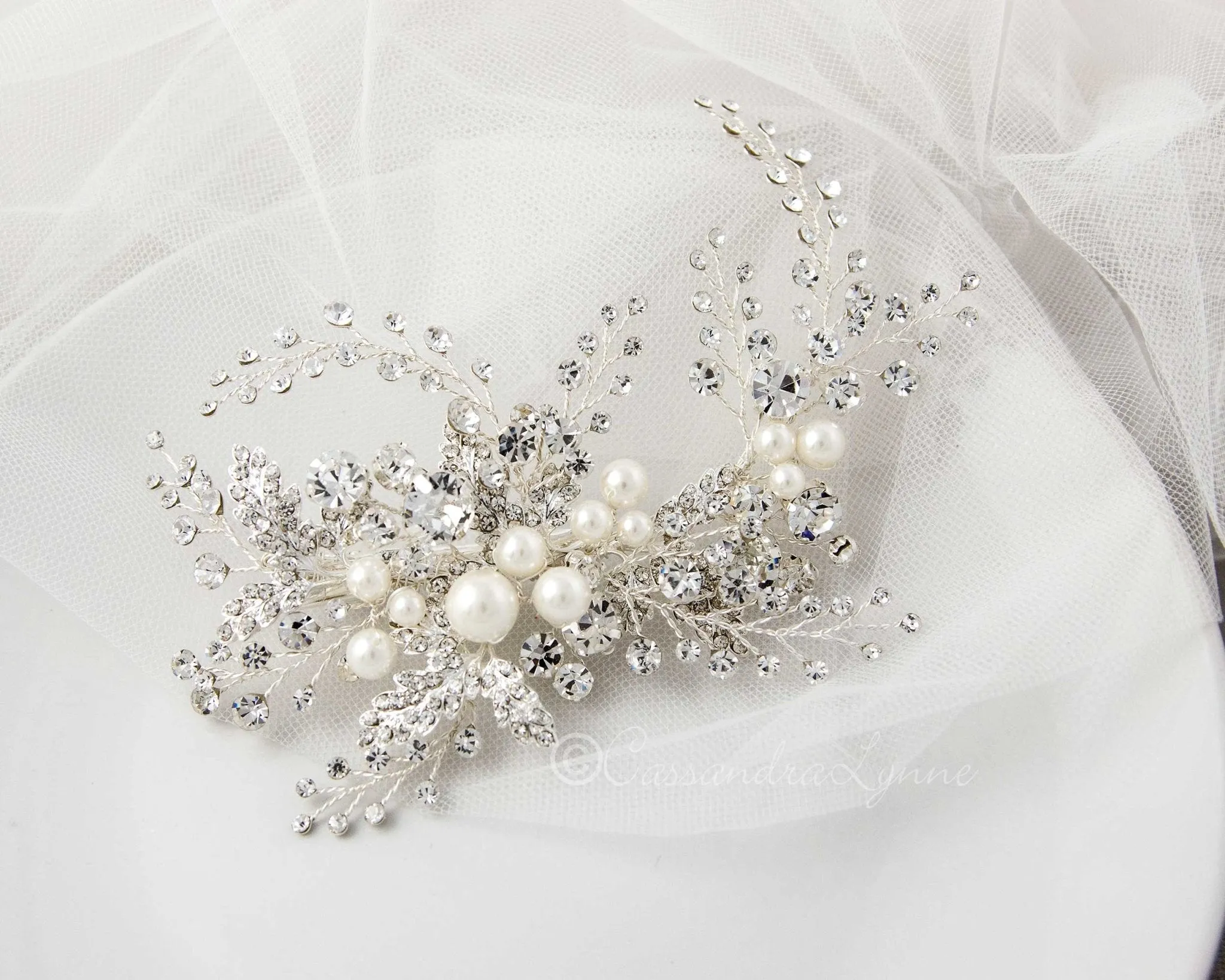 Bridal Headpiece Clip of Jewel Sprays and Pearls