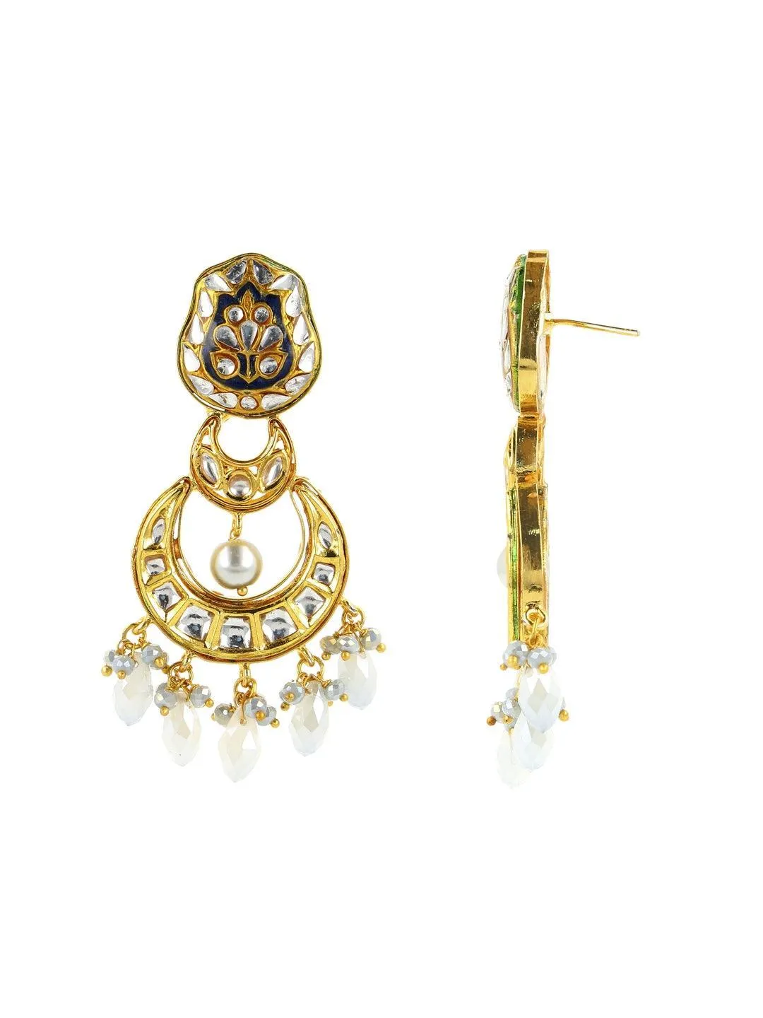 Crystal White Kundan Chand Dangler Earring Blue
