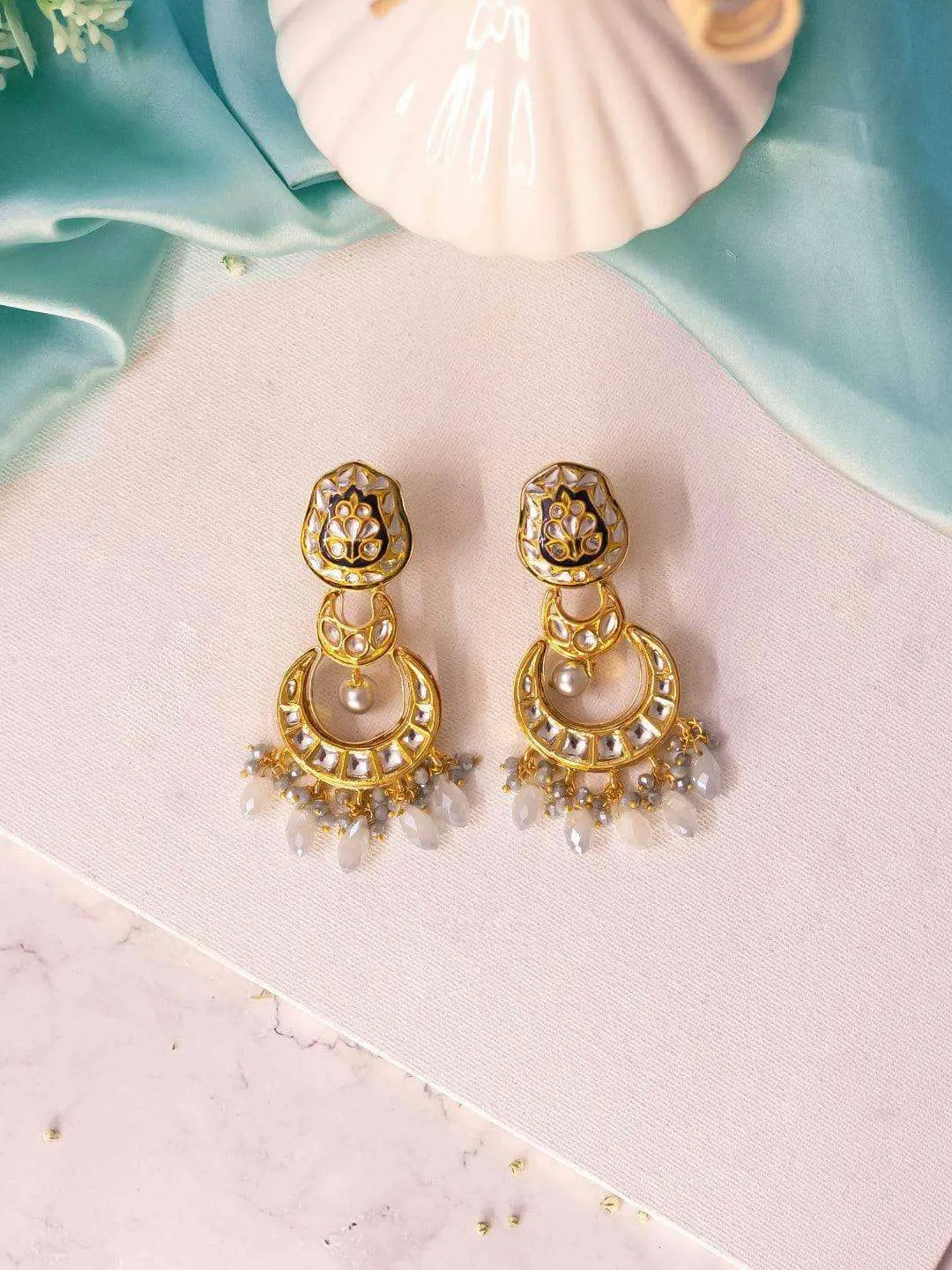 Crystal White Kundan Chand Dangler Earring Blue