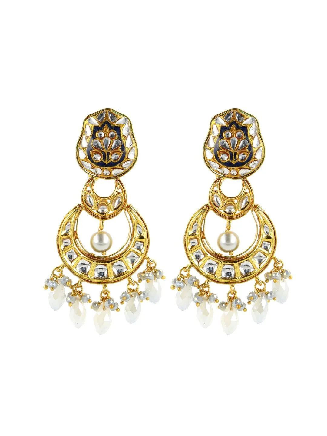 Crystal White Kundan Chand Dangler Earring Blue