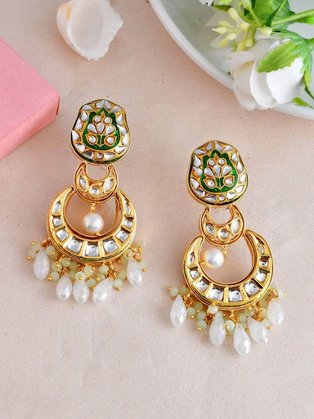 Crystal White Kundan Chand Dangler Earring Green