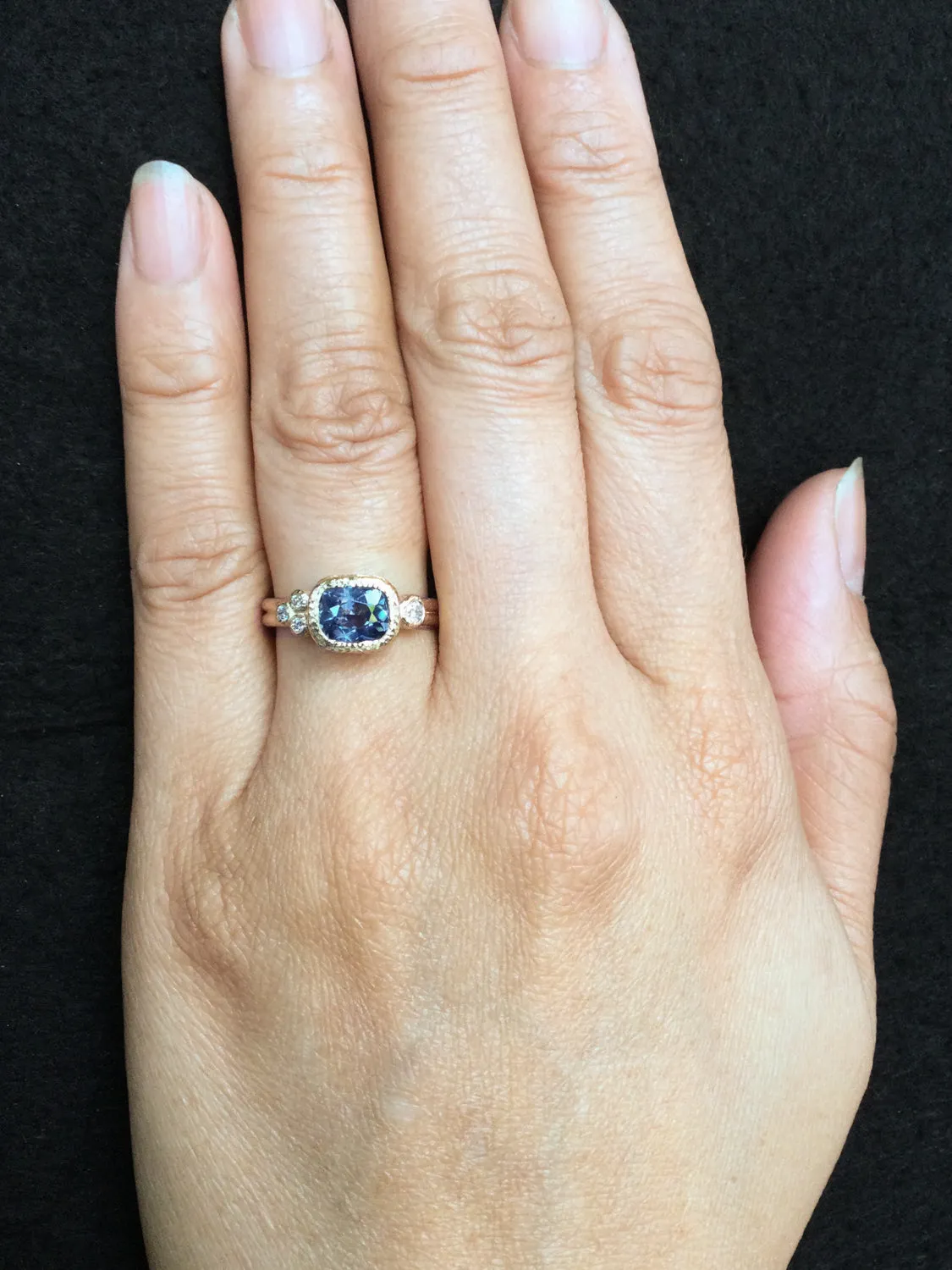 Delicate Double Band Elongated Cushion Cut Spinel Ring with diamonds