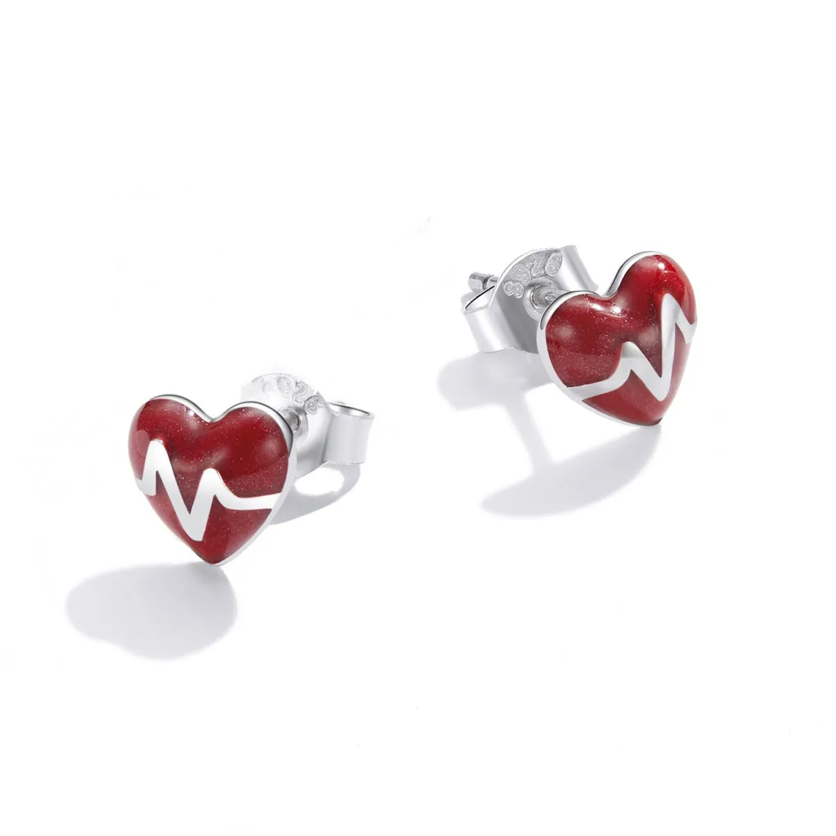 EKG Red Heartbeat ER Nurse Stud Earrings Sterling Silver