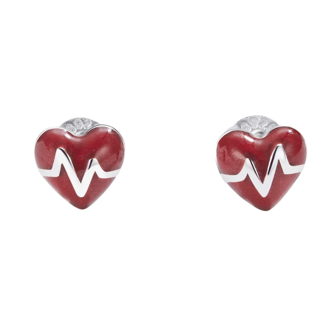 EKG Red Heartbeat ER Nurse Stud Earrings Sterling Silver