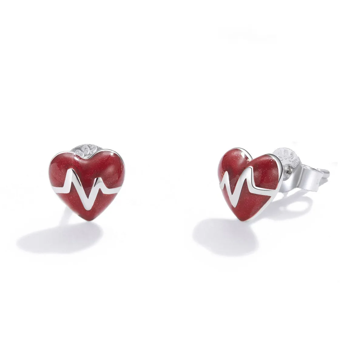 EKG Red Heartbeat ER Nurse Stud Earrings Sterling Silver