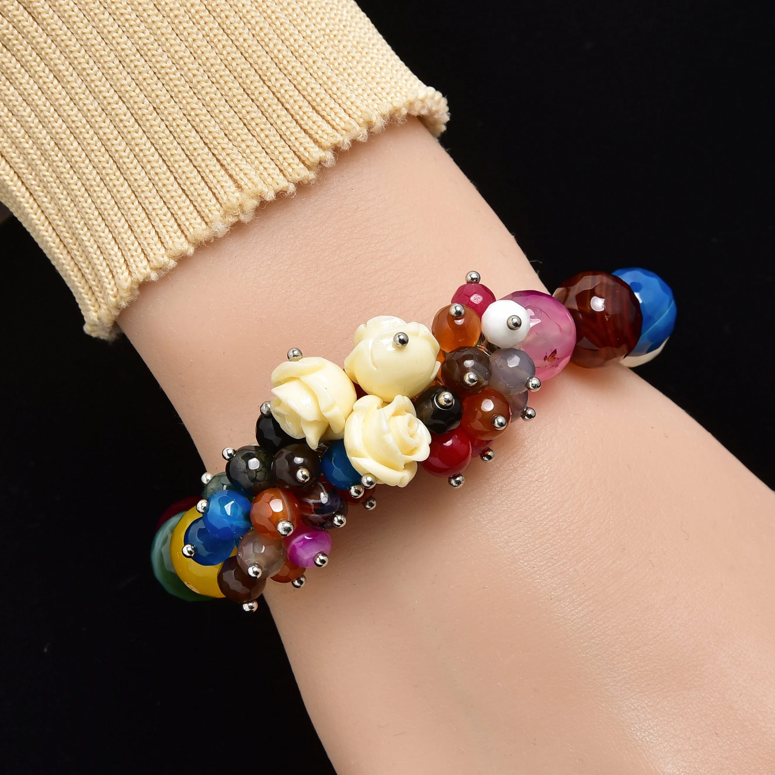 Faceted Multicolor Agate with Flower Accents 12mm Gemstone Bead Elastic Bracelet