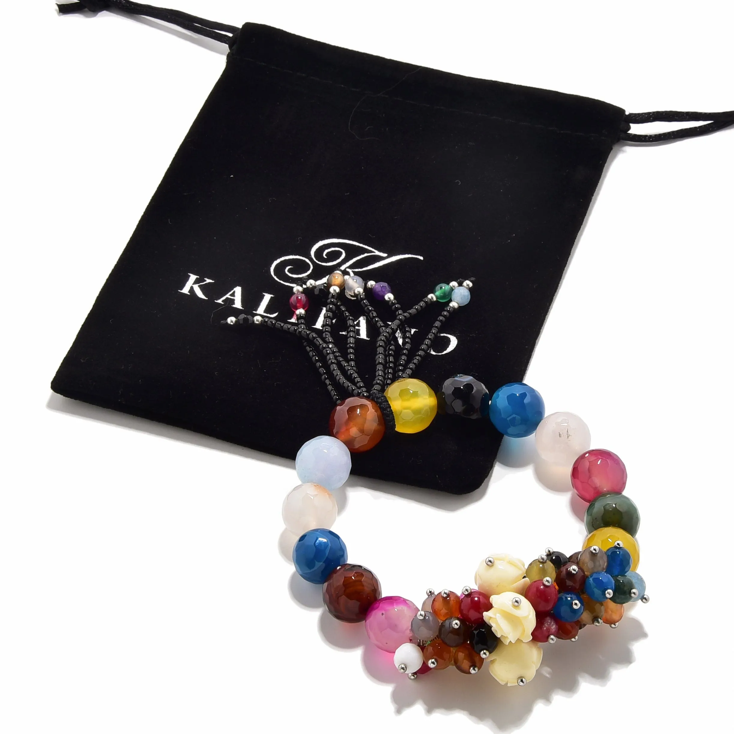 Faceted Multicolor Agate with Flower Accents 12mm Gemstone Bead Elastic Bracelet