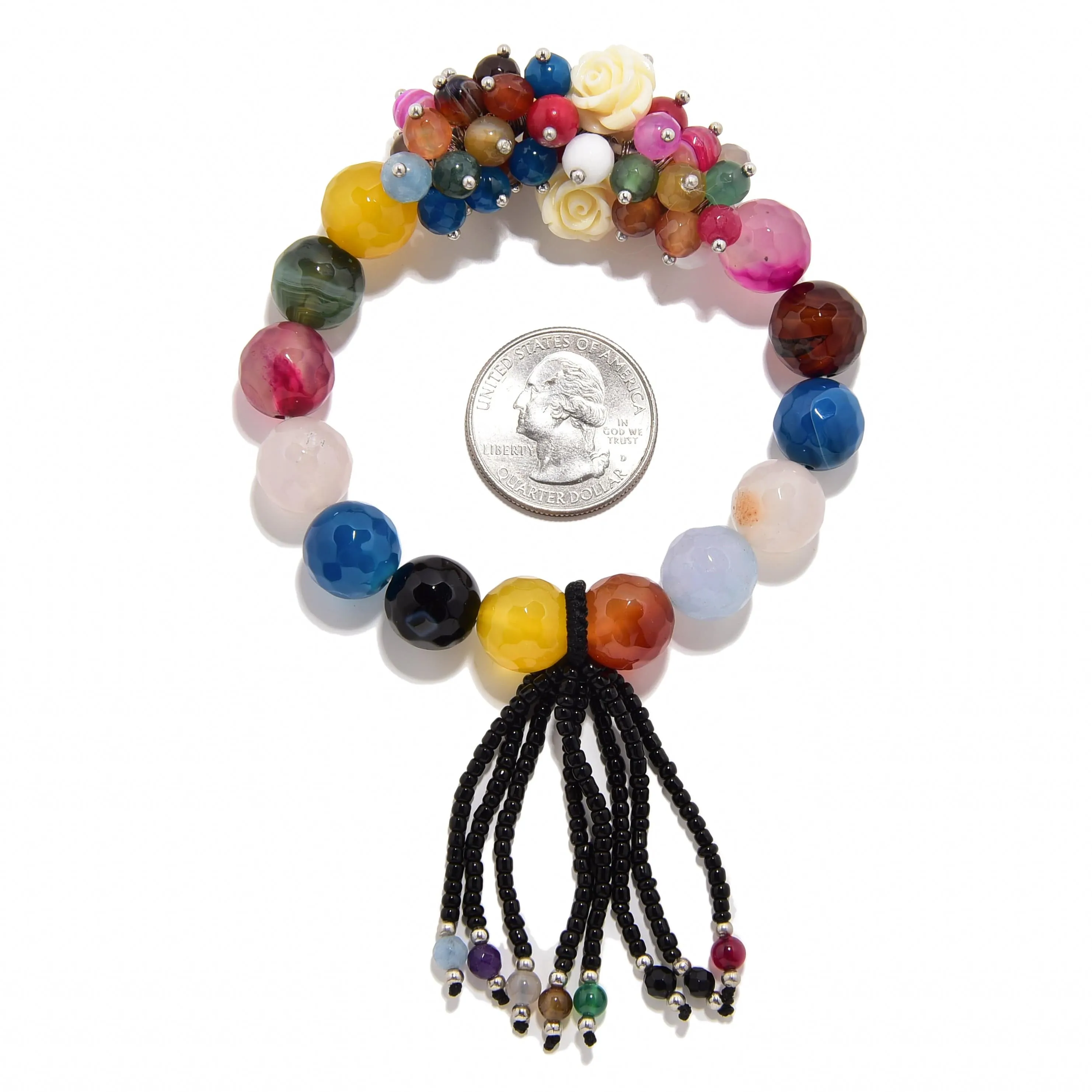 Faceted Multicolor Agate with Flower Accents 12mm Gemstone Bead Elastic Bracelet