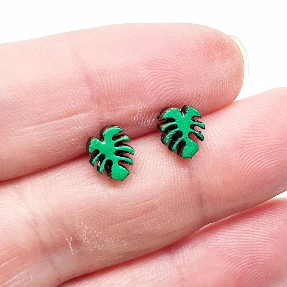 Hand-Painted Wooden Monstera Leaf Earrings