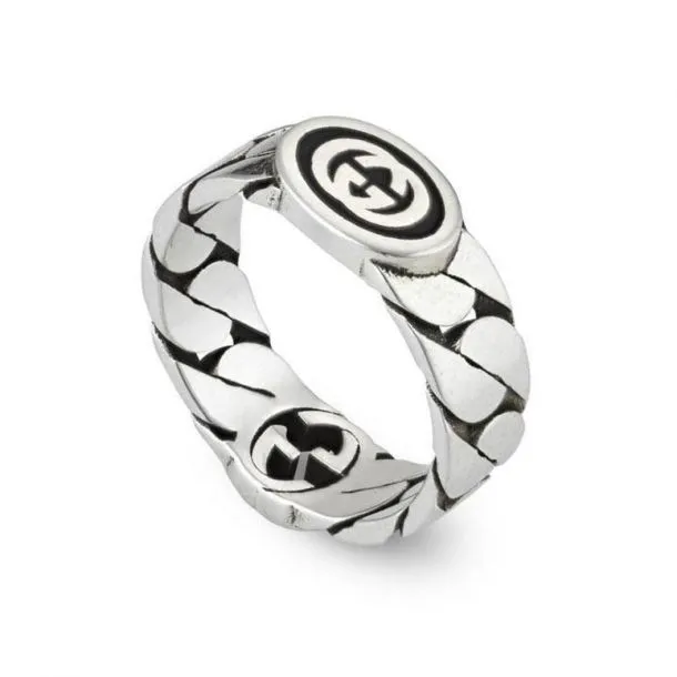 Interlocking G Wide Ring with Black Enamel