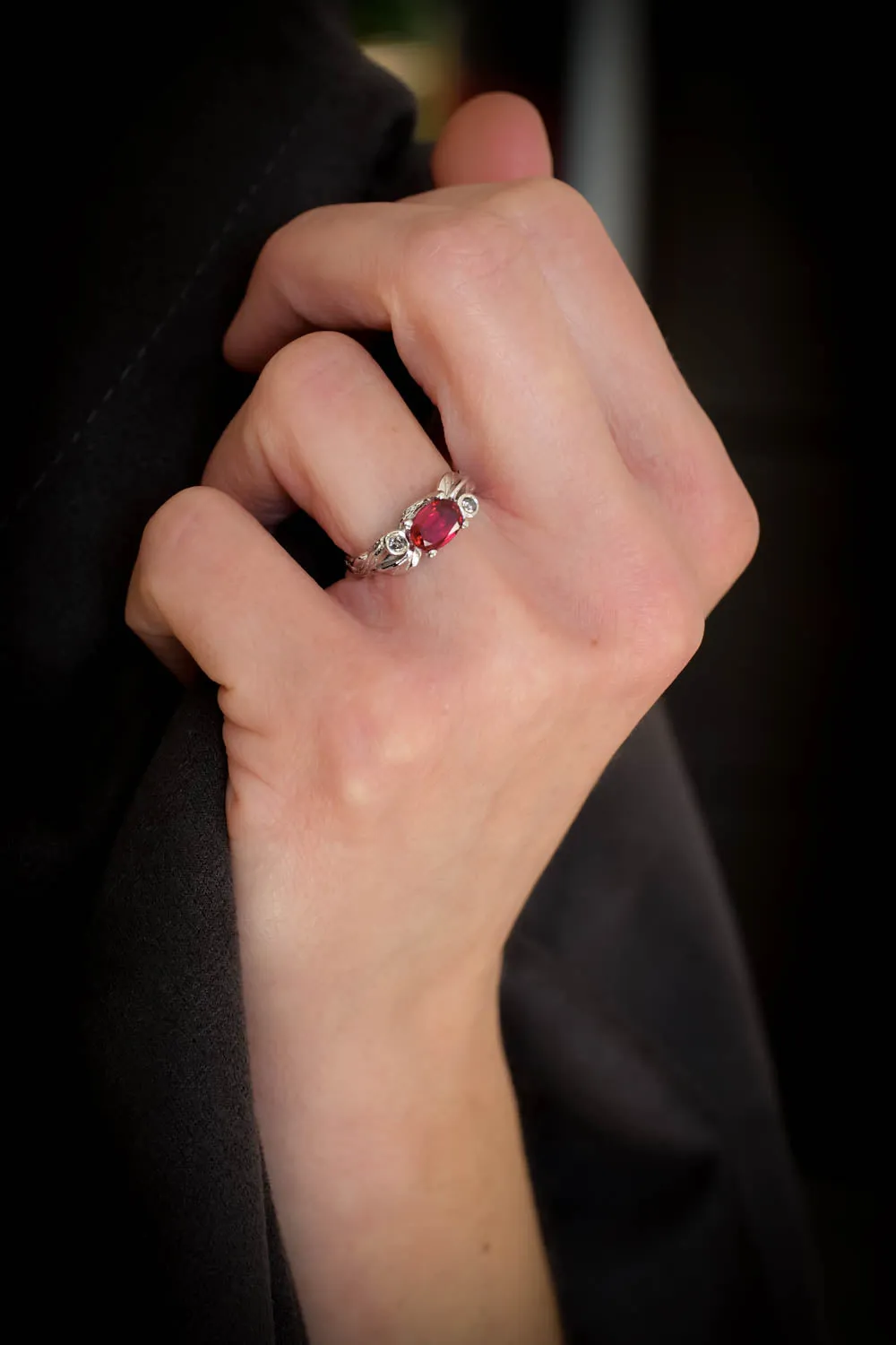Lab ruby statement ring, salt and pepper diamonds ring / Arius