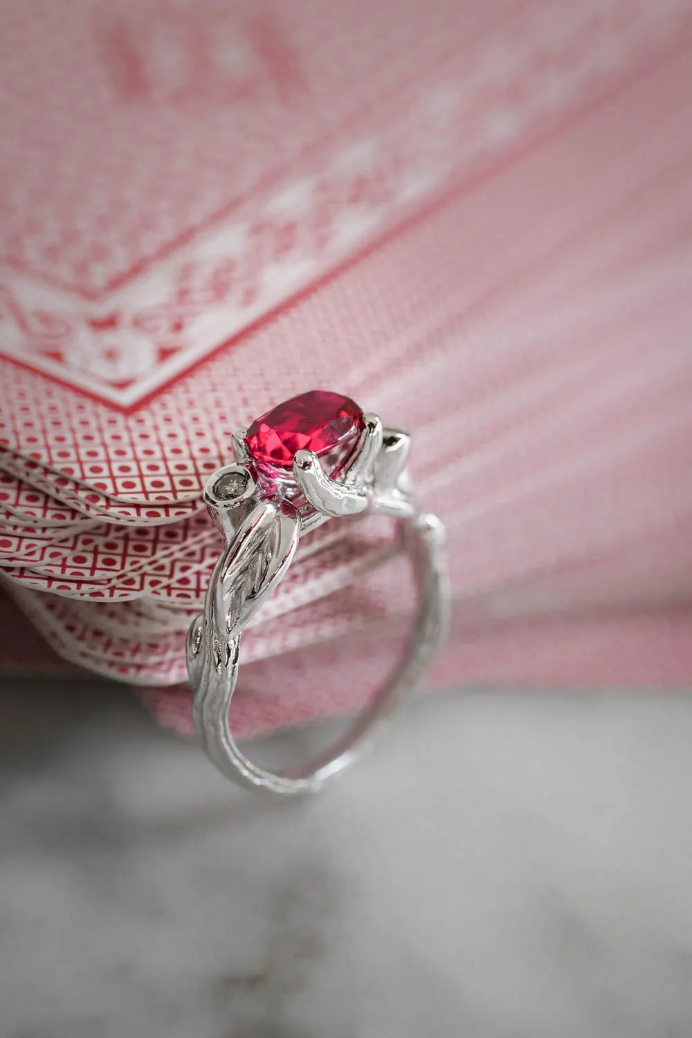 Lab ruby statement ring, salt and pepper diamonds ring / Arius