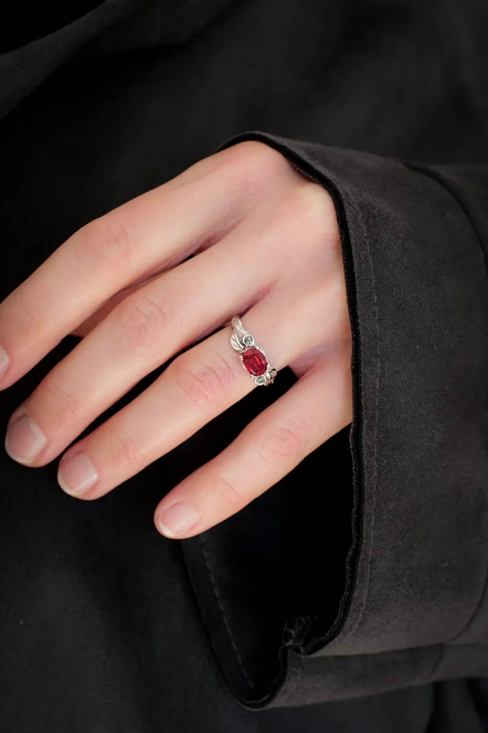 Lab ruby statement ring, salt and pepper diamonds ring / Arius