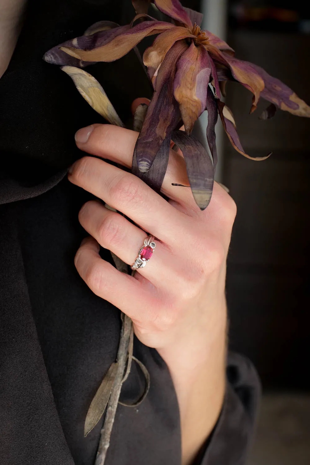 Lab ruby statement ring, salt and pepper diamonds ring / Arius