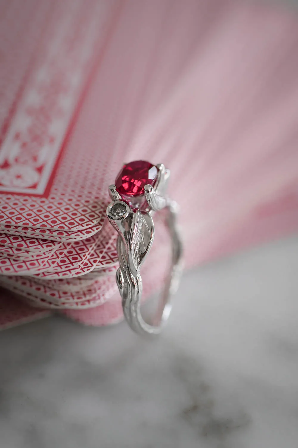 Lab ruby statement ring, salt and pepper diamonds ring / Arius