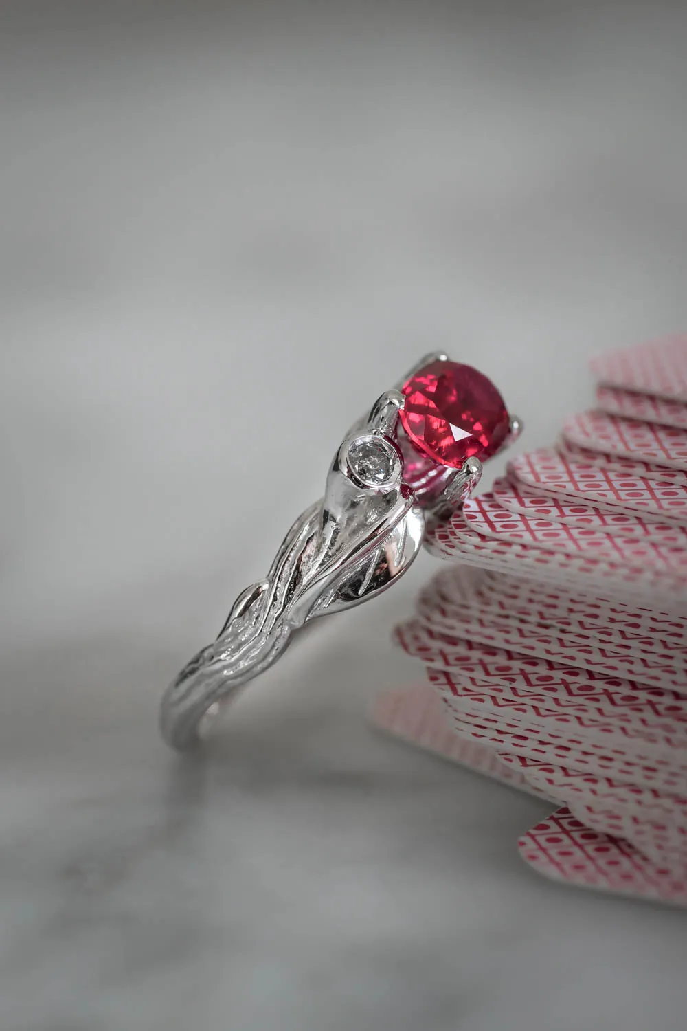 Lab ruby statement ring, salt and pepper diamonds ring / Arius