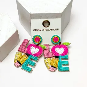 LOVE Beaded Earrings Teacher Themed in Multicolor