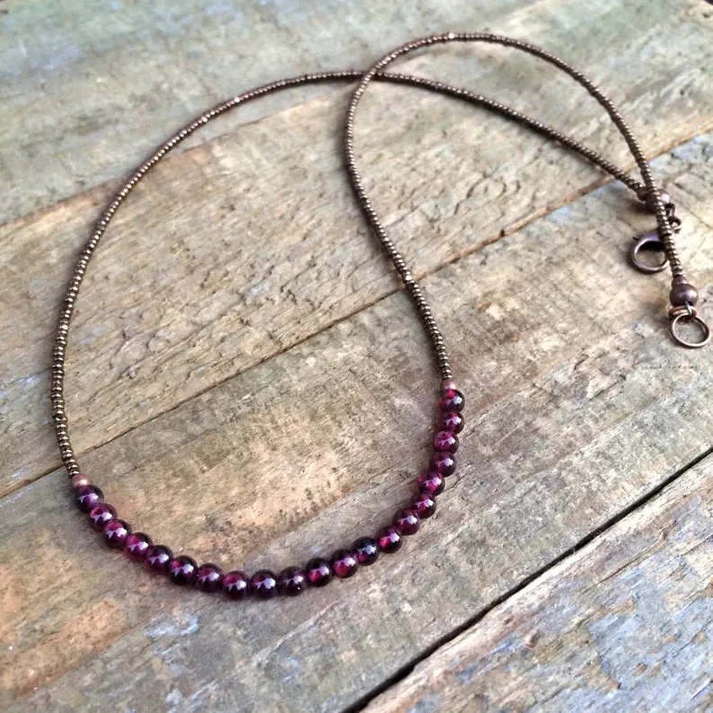 Minimalist Garnet Necklace with Antiqued Copper Accents