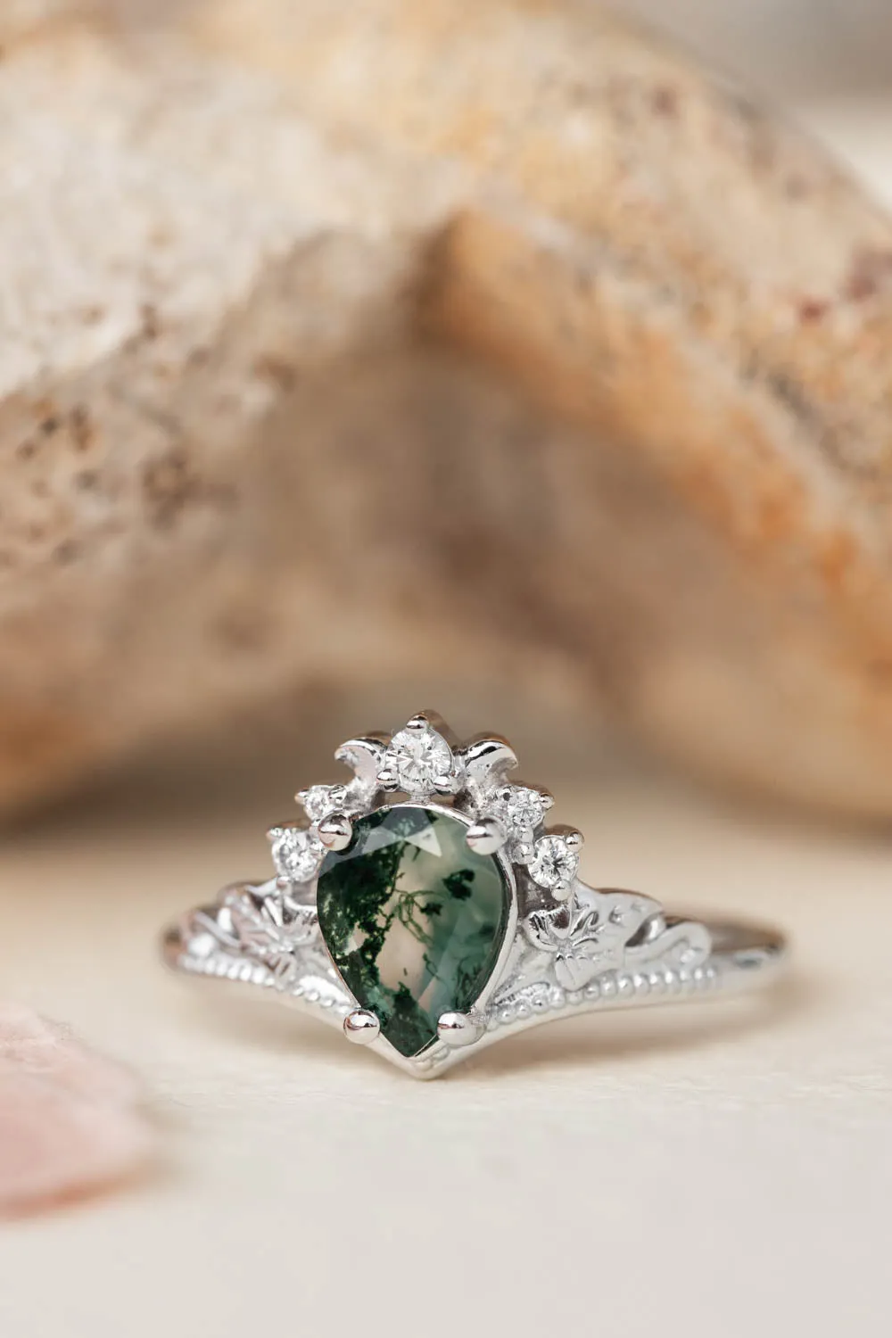 Moss agate proposal ring, non-trivial green stone engagement ring / Ariadne