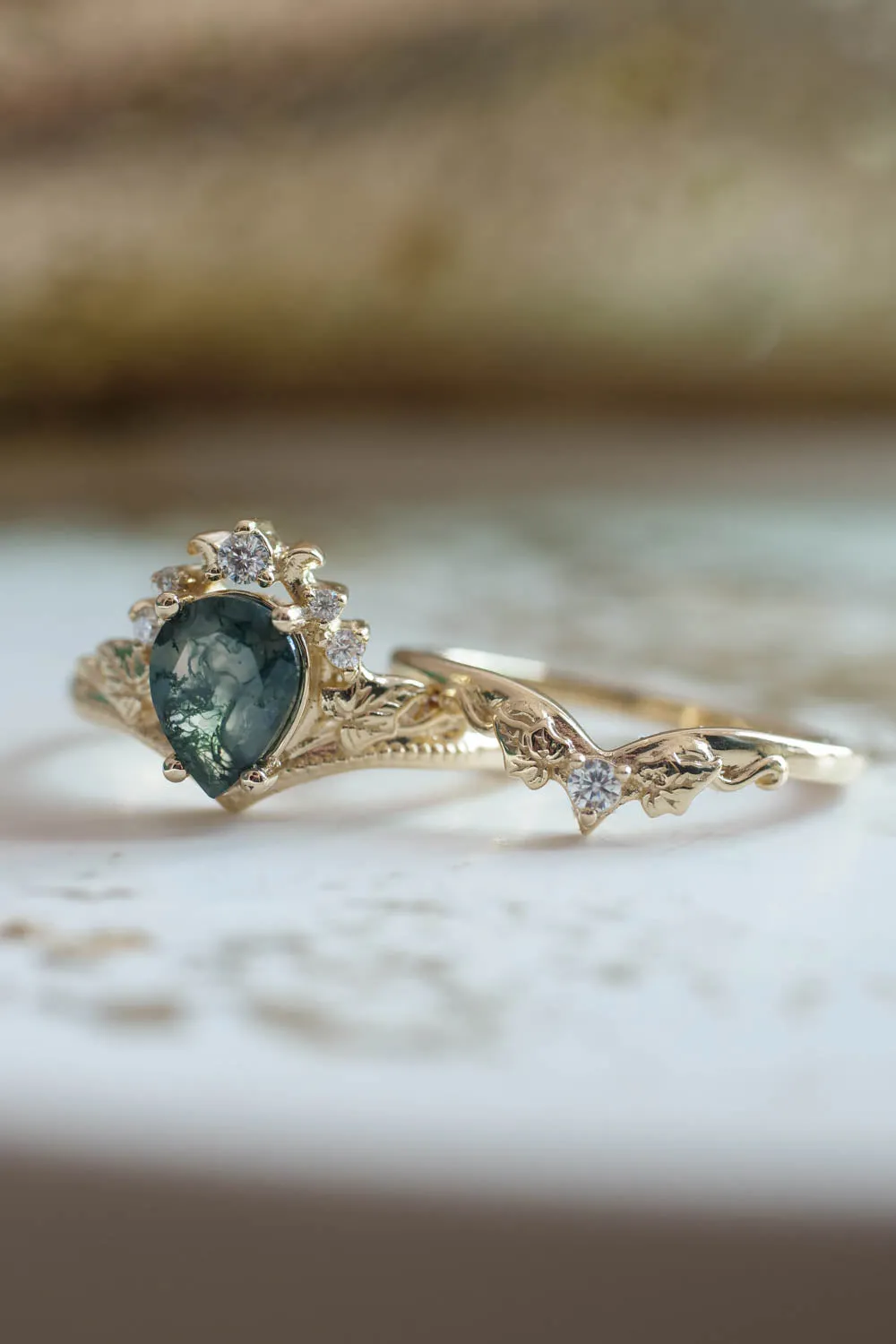 Moss agate proposal ring, non-trivial green stone engagement ring / Ariadne