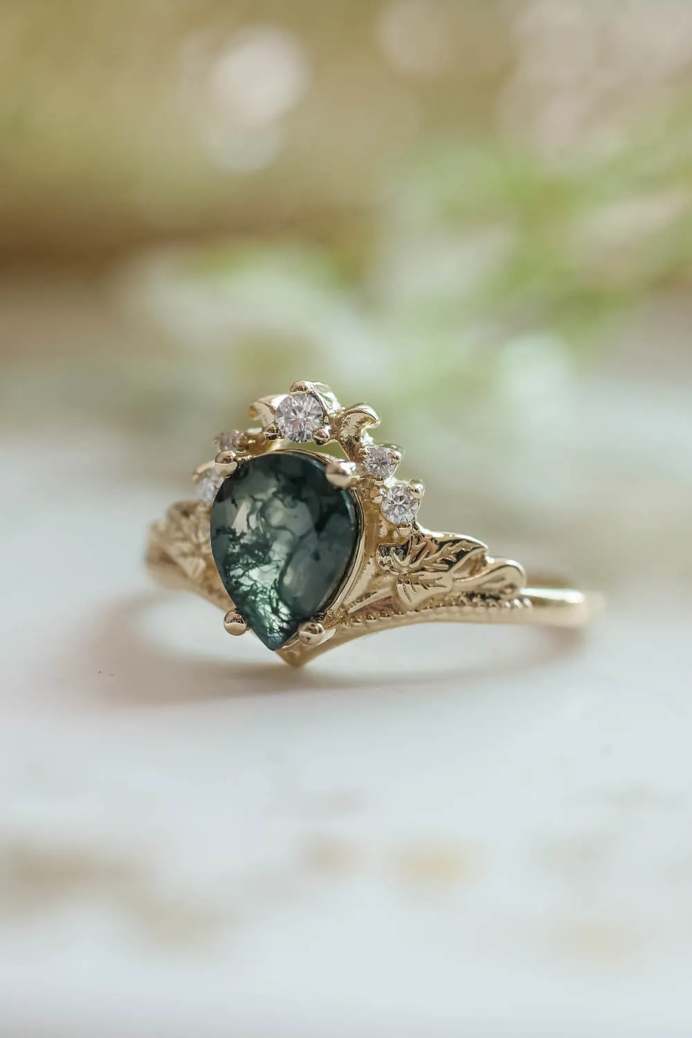 Moss agate proposal ring, non-trivial green stone engagement ring / Ariadne