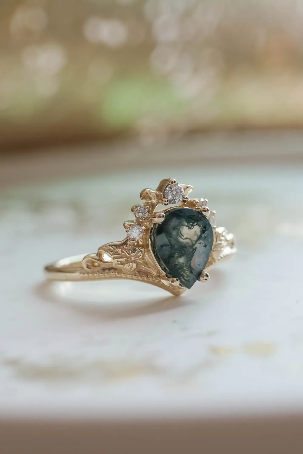 Moss agate proposal ring, non-trivial green stone engagement ring / Ariadne