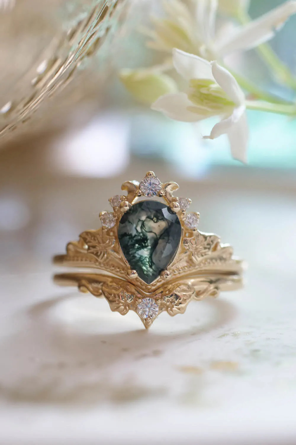 Moss agate proposal ring, non-trivial green stone engagement ring / Ariadne
