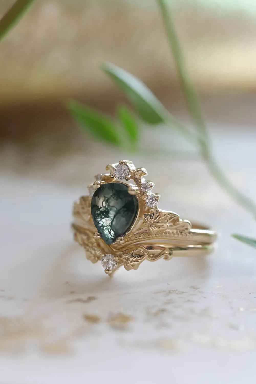 Moss agate proposal ring, non-trivial green stone engagement ring / Ariadne