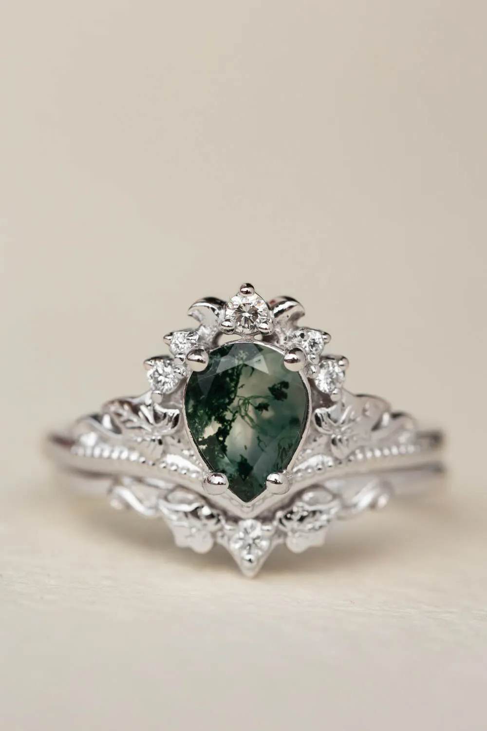Moss agate proposal ring, non-trivial green stone engagement ring / Ariadne