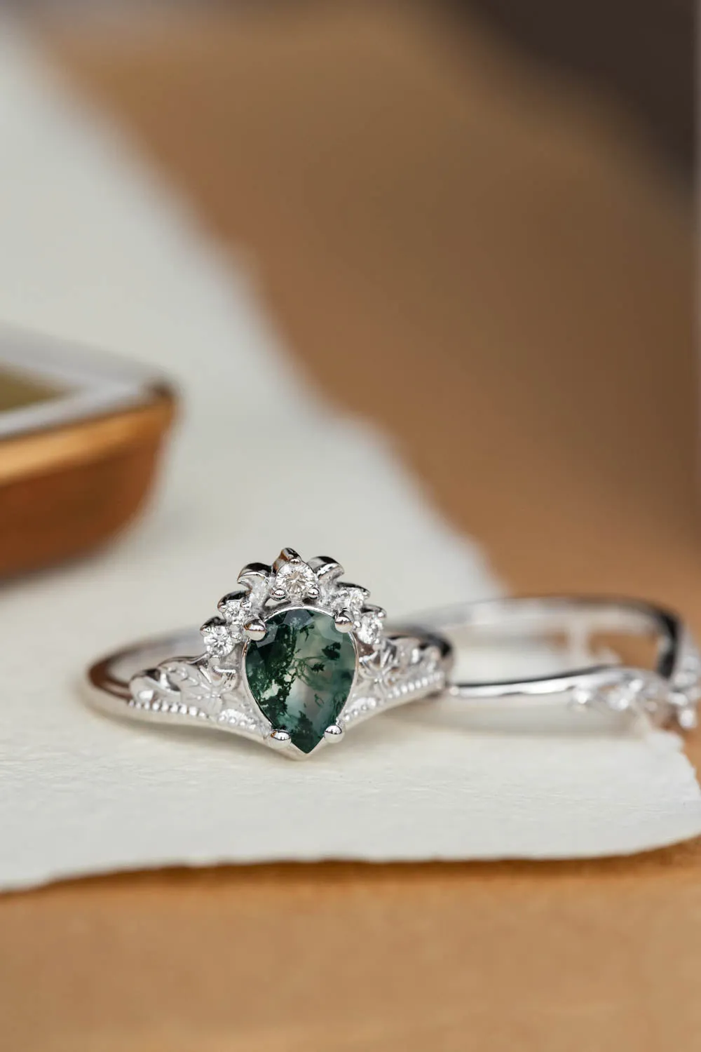 Moss agate proposal ring, non-trivial green stone engagement ring / Ariadne