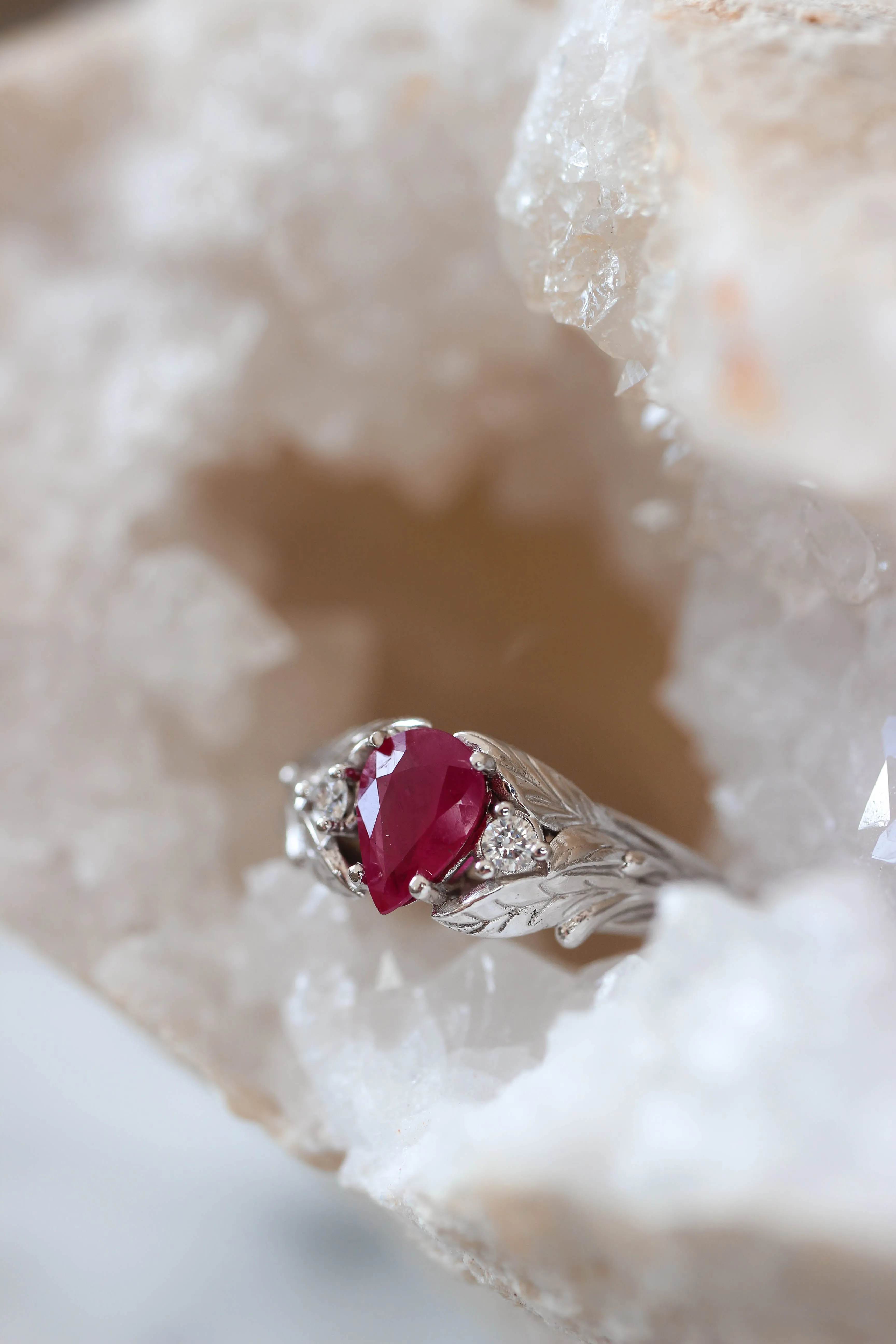 Natural ruby ring with diamonds, leaves engagement ring / Wisteria