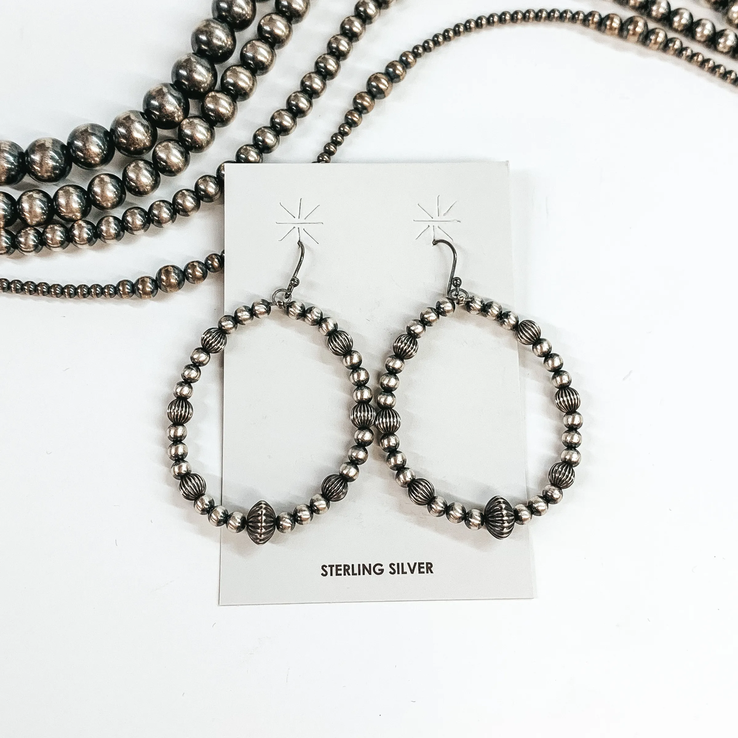 Navajo | Navajo Handmade Sterling Silver Navajo Pearl Teardrop Earrings with Textured Spacers