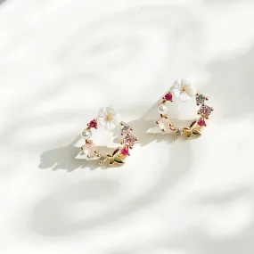 Ninaouity Gold Flower Wreath Earrings - with Pink Crystal Mini Pearl: Earrings