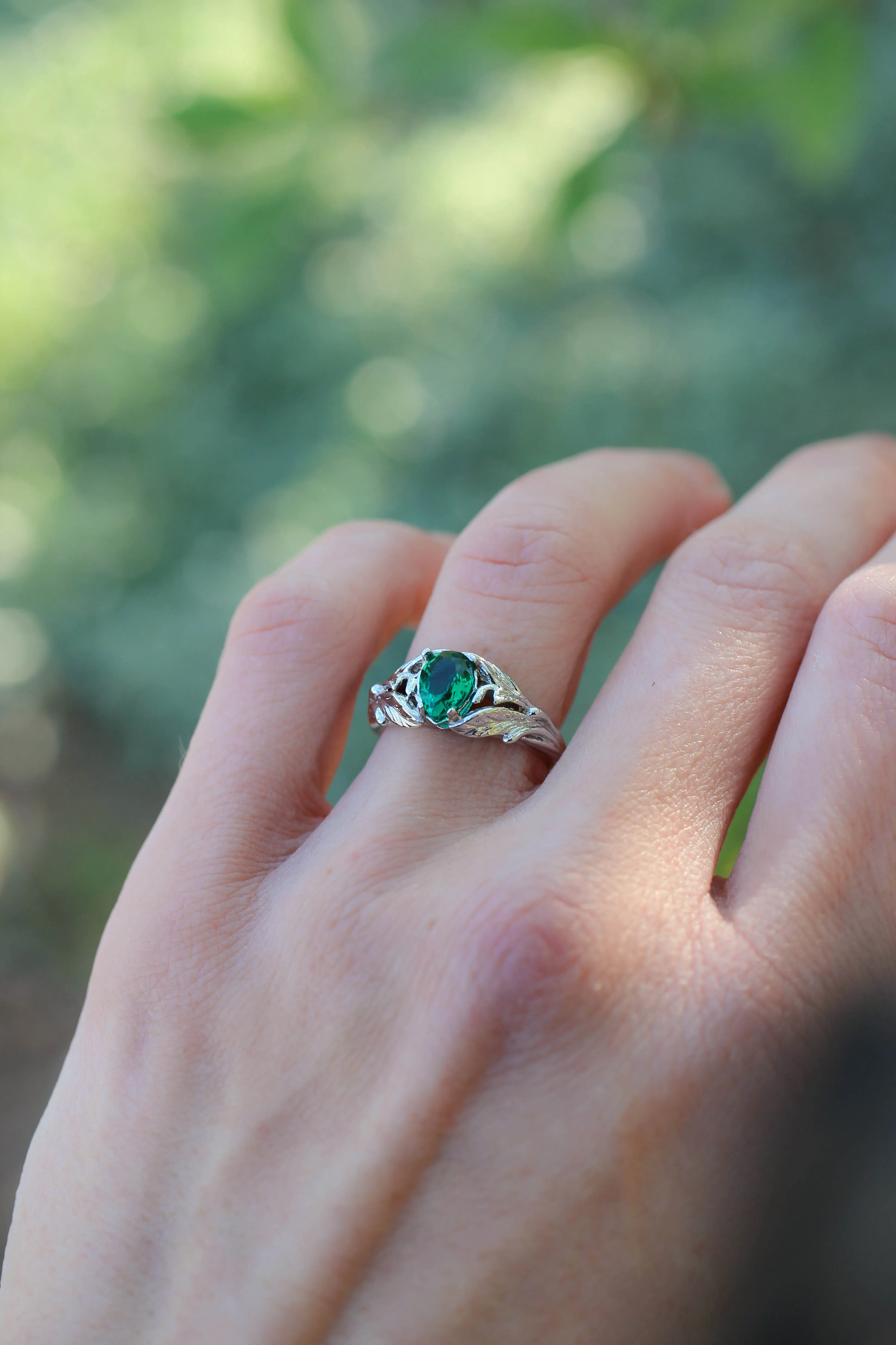 Pear cut emerald ring, leaves engagement ring / Wisteria