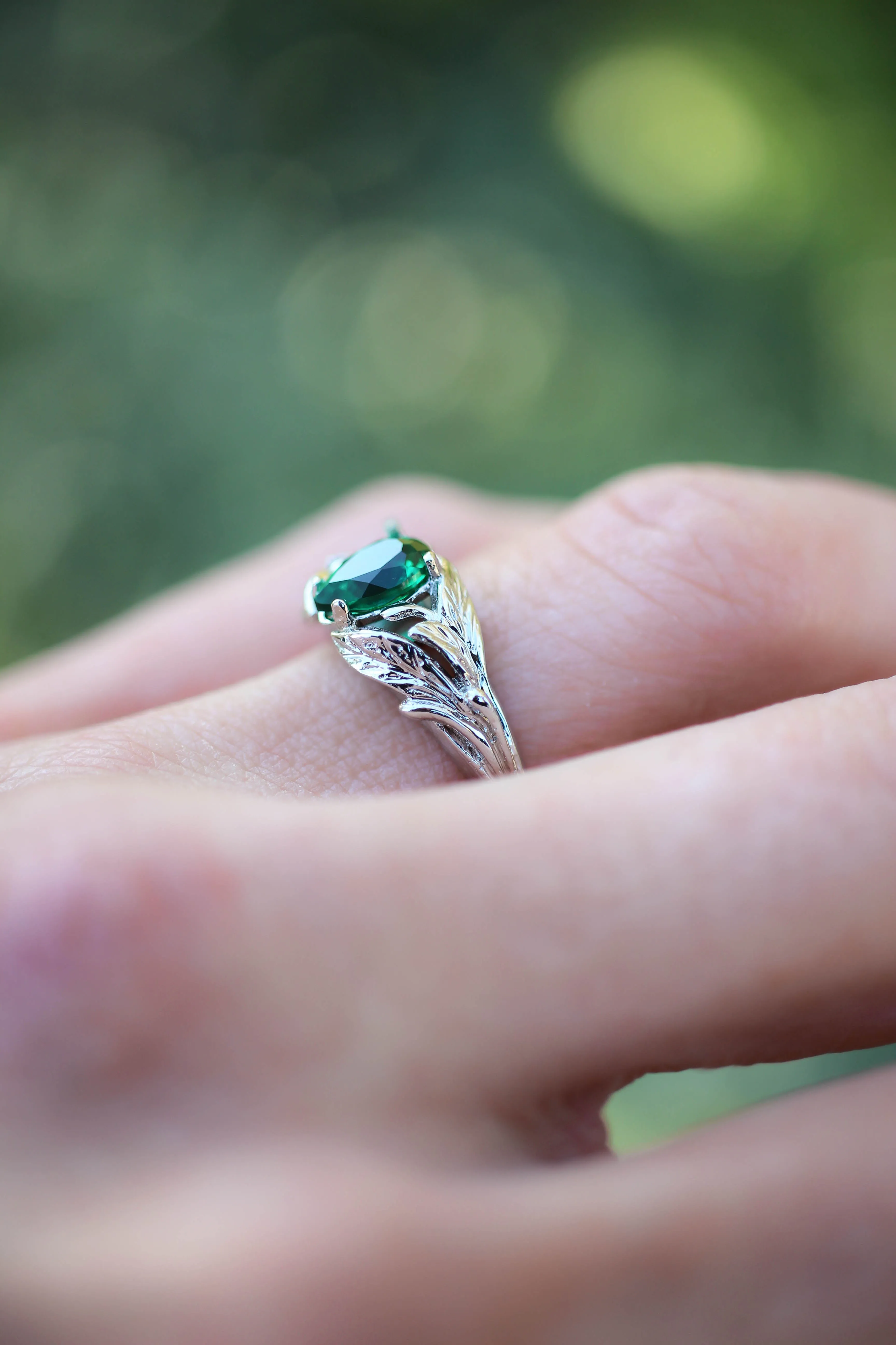 Pear cut emerald ring, leaves engagement ring / Wisteria