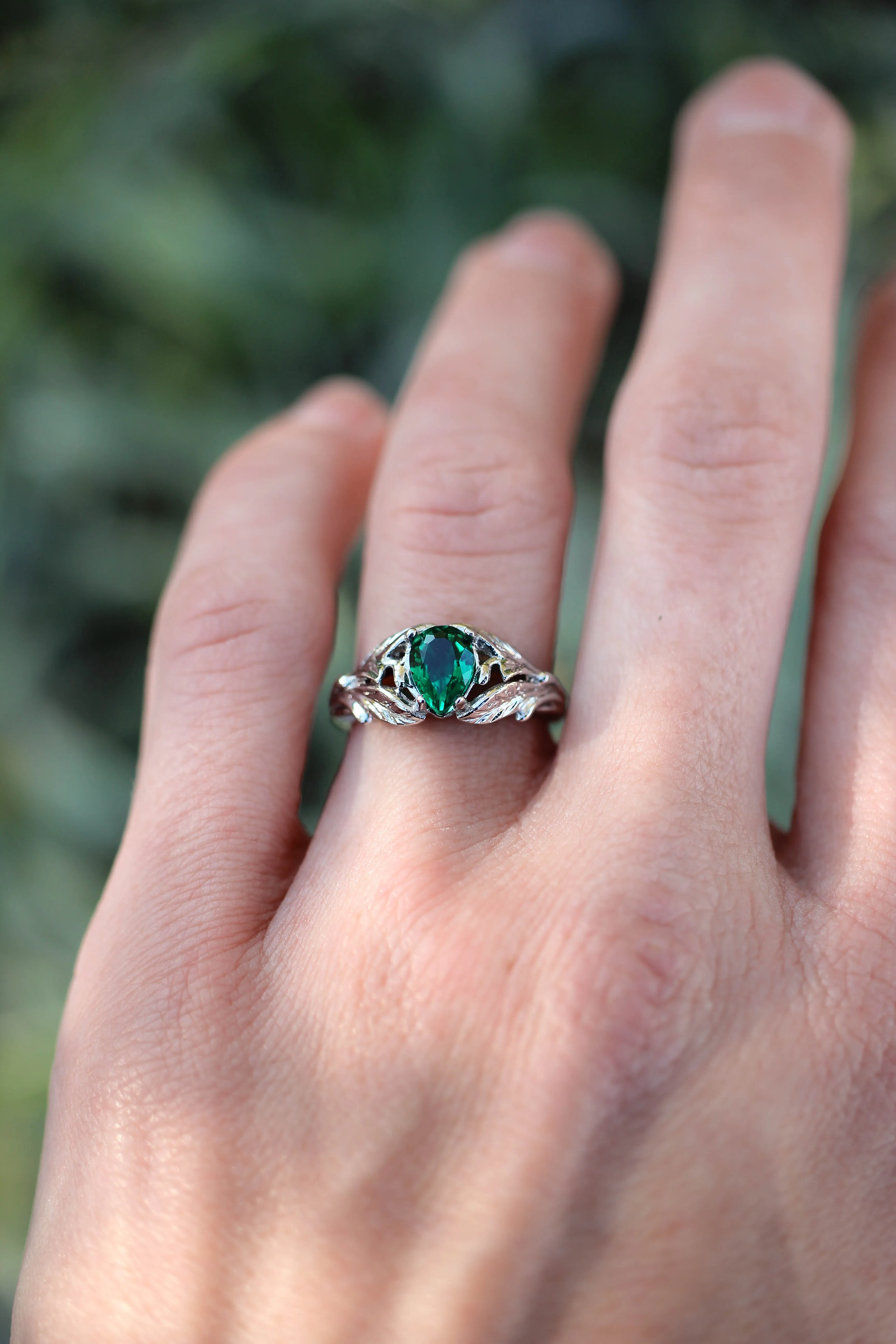 Pear cut emerald ring, leaves engagement ring / Wisteria
