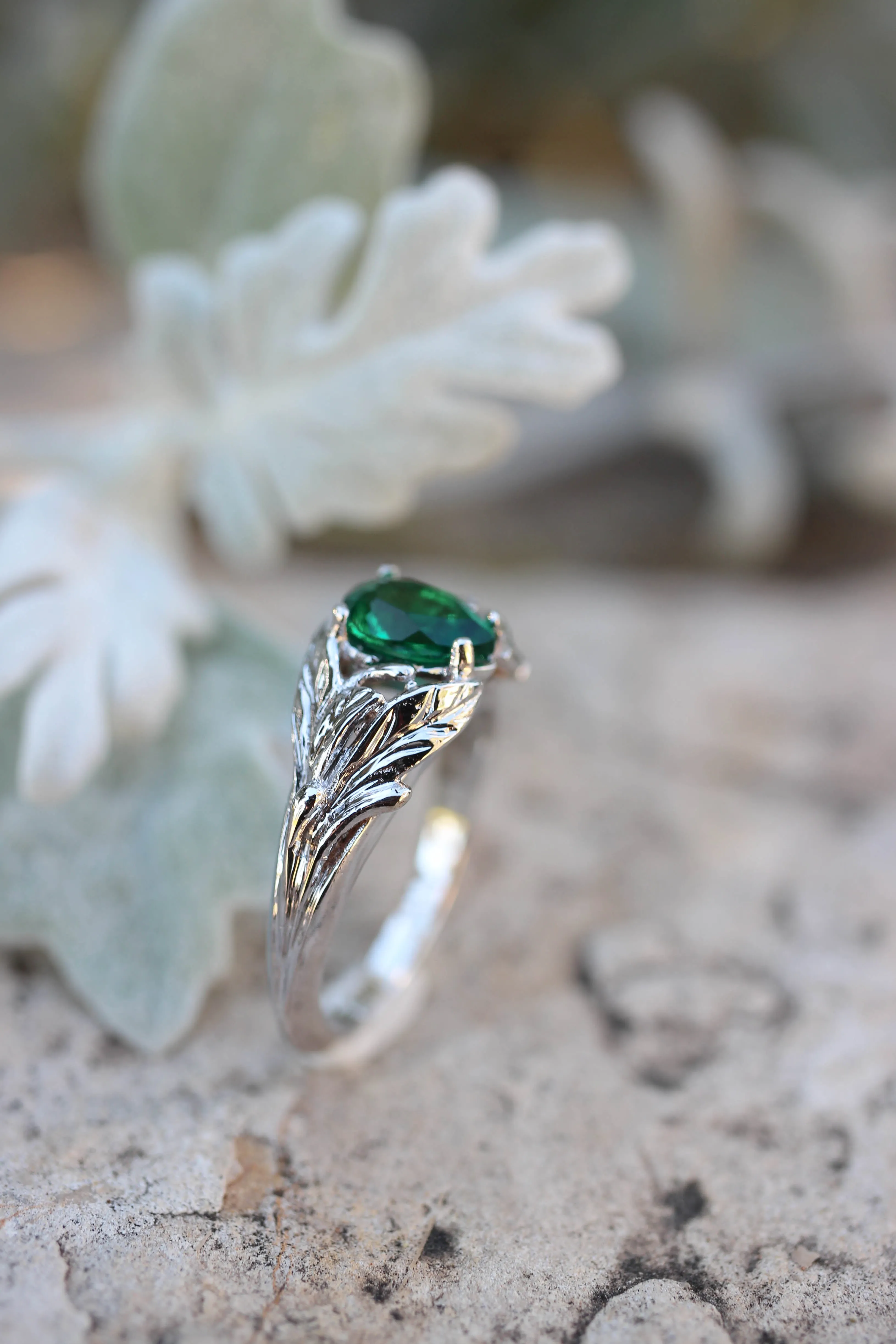 Pear cut emerald ring, leaves engagement ring / Wisteria