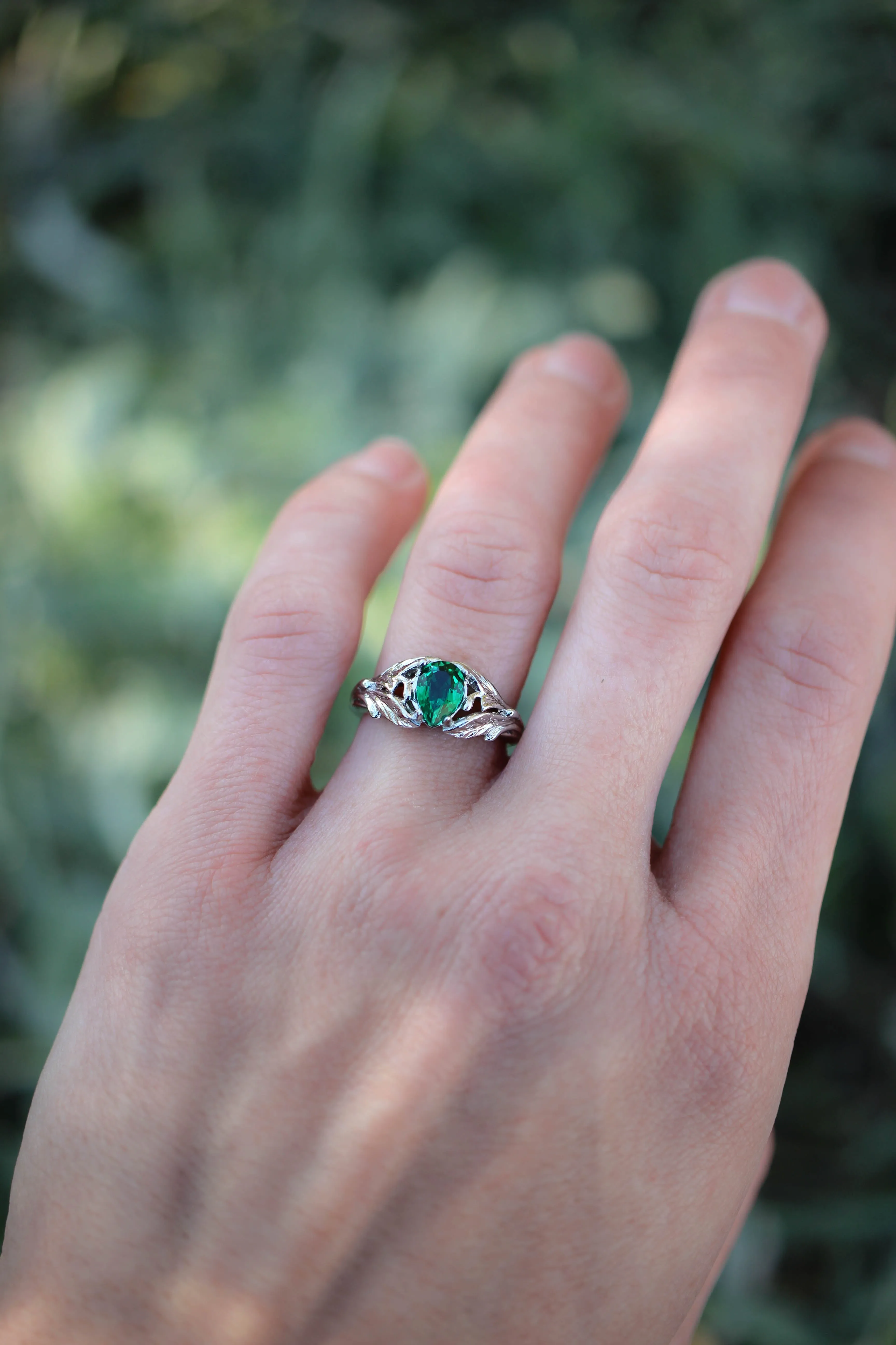 Pear cut emerald ring, leaves engagement ring / Wisteria
