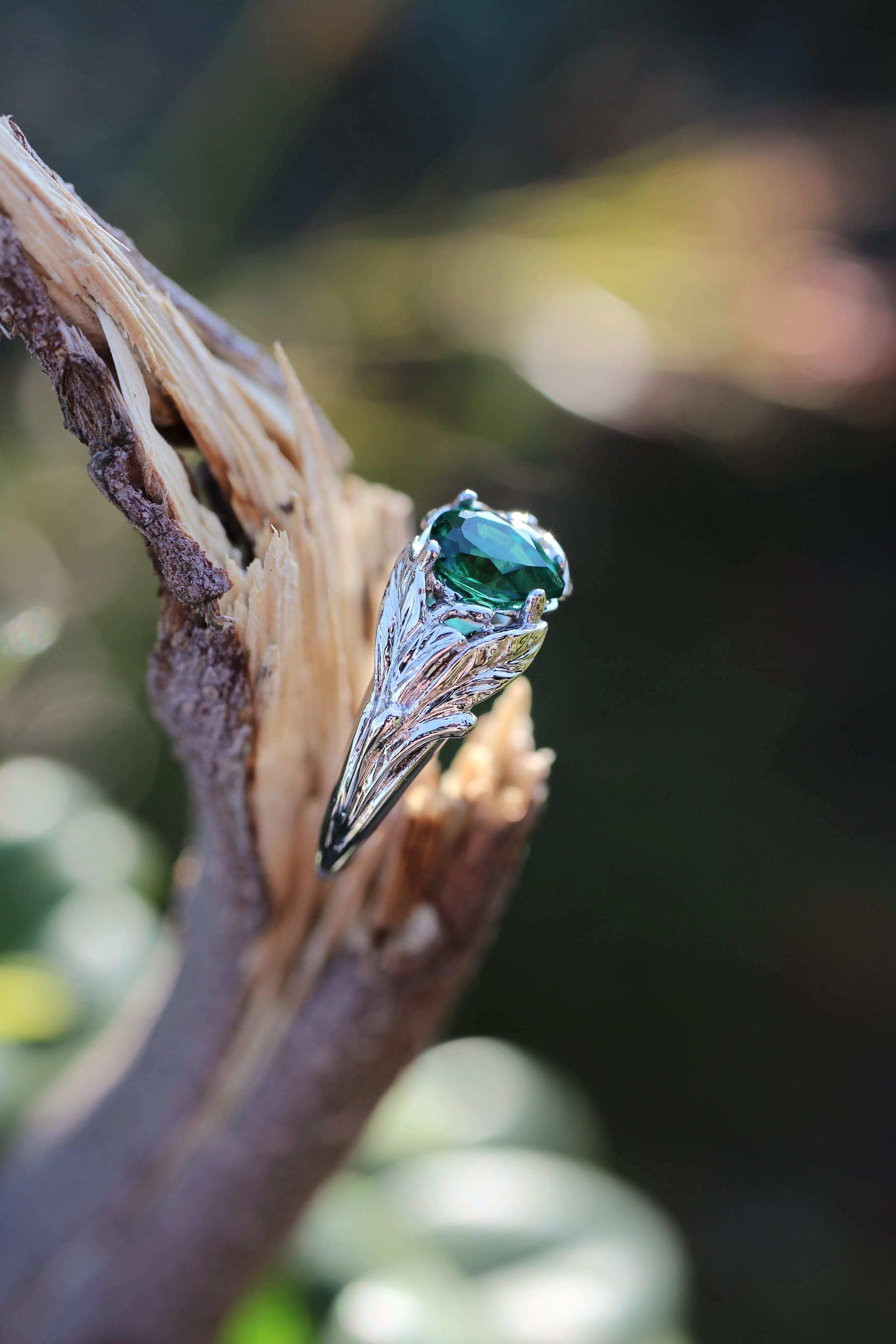 Pear cut emerald ring, leaves engagement ring / Wisteria