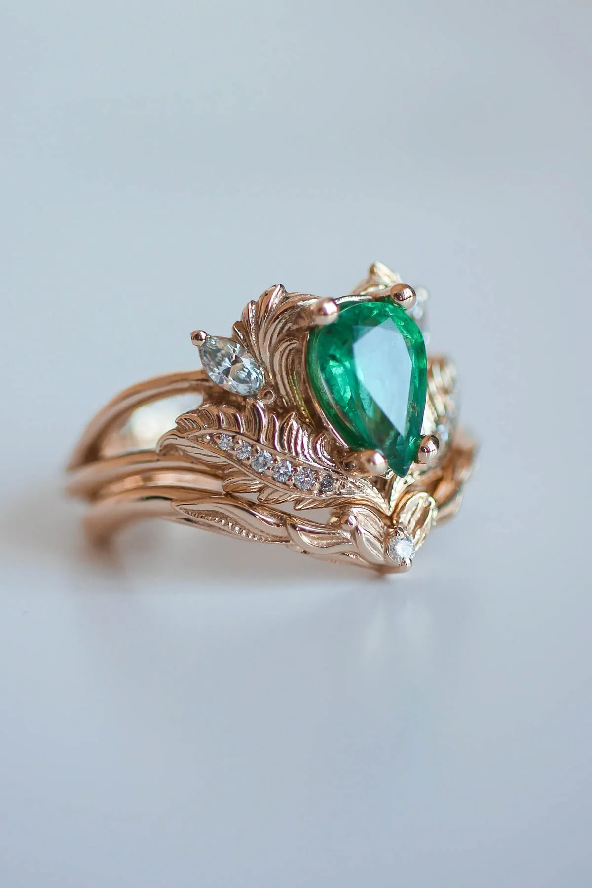 Pear shaped emerald engagement ring set / Adonis