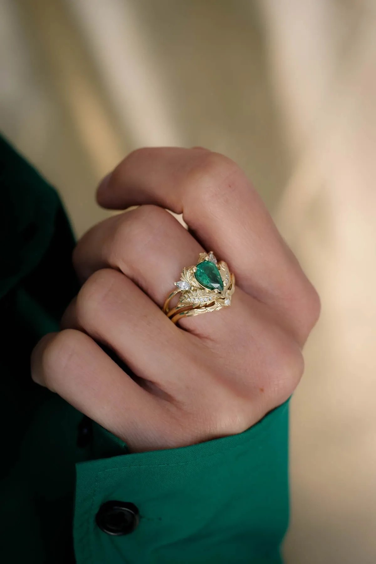 Pear shaped emerald engagement ring set / Adonis