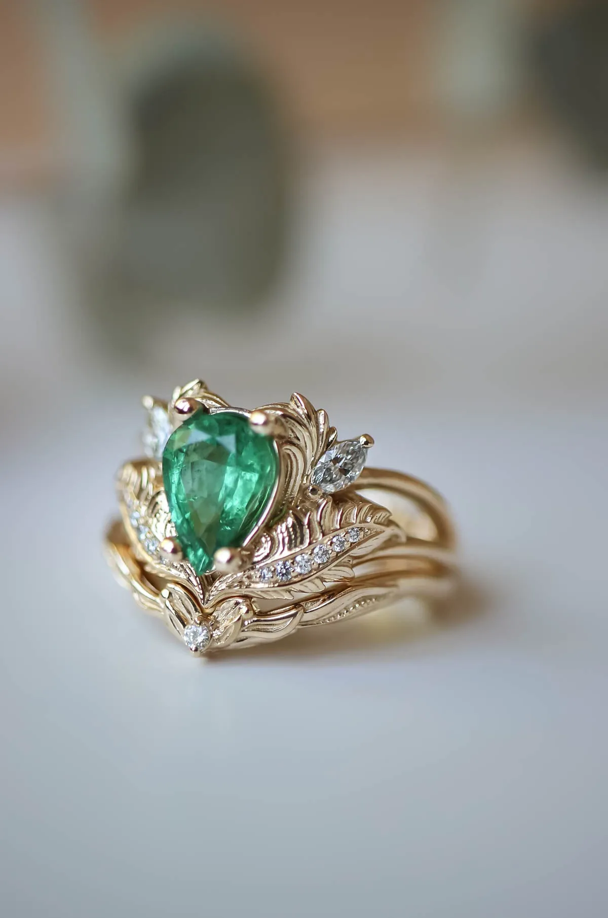 Pear shaped emerald engagement ring set / Adonis