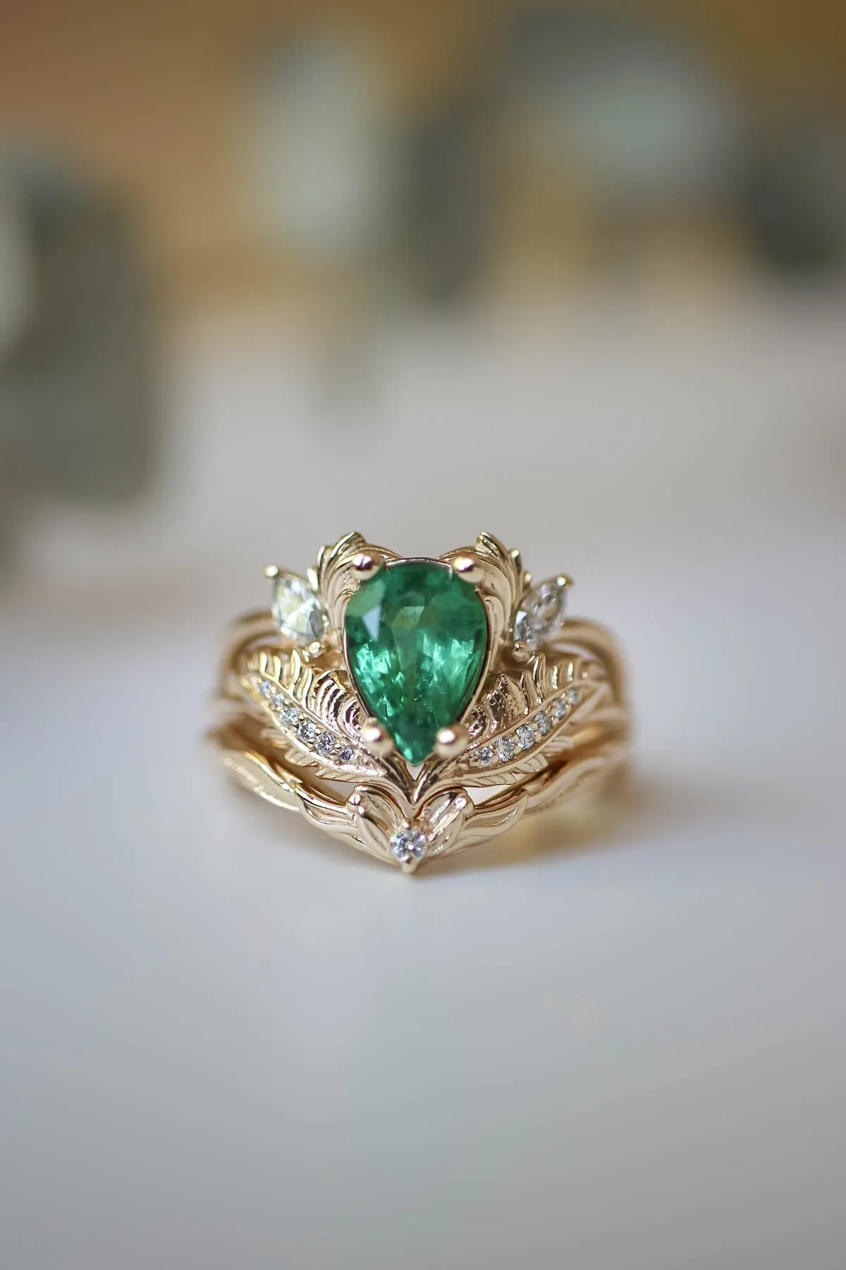 Pear shaped emerald engagement ring set / Adonis